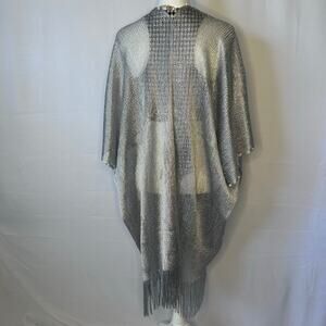 Bon Voyage Silver Metallic Fringe Shawl  Open Front One Size pearl accents